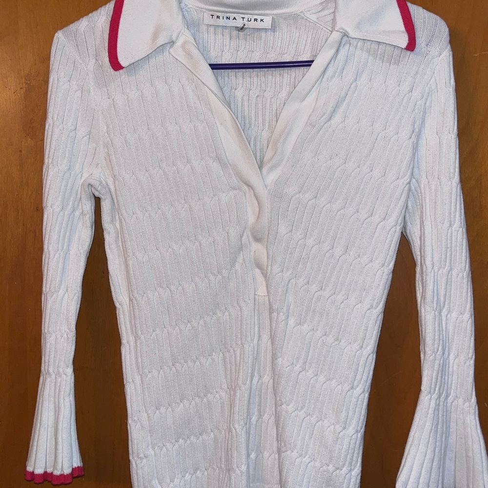 Trina Turk White Button Down Shirt with Pink Accents
